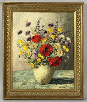 painting of a vase of flowers on a table with a wall in the background