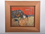 an image of a painting of a mountain with a red sky in the background