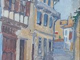 tableau représentant une scène de rue avec des bâtiments et une horloge fixée à un poteau