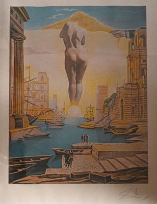 une photo d'un tableau représentant une statue dans le ciel
