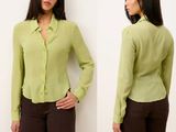 two pictures of a woman wearing a green shirt and brown pants