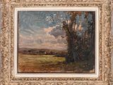une peinture à l'huile représentant un paysage avec des arbres et des nuages