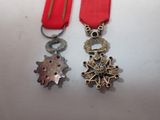 two medals and a red ribbon on a white surface