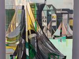 un tableau représentant un bateau sur l'eau, avec une ville en arrière-plan