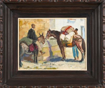 an image of a painting of a man and a horse by a building