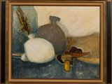 un tableau représentant un vase et un bol posés sur une table