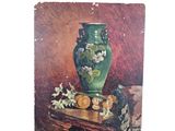 a painting of a vase with flowers and fruit on a table