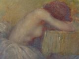 painting of a nude woman resting her head on a chair