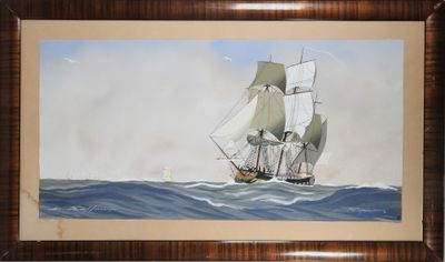 une peinture à l'huile représentant un grand voilier naviguant sur l'océan