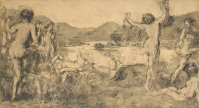 dessin représentant un groupe d'hommes et de femmes nus dans un champ