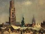 a painting of a city square with a clock tower in the background