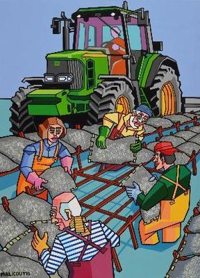 un tableau représentant des personnes travaillant dans une ferme, avec un tracteur en arrière-plan