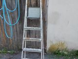 une échelle appuyée contre un mur, à côté d'une clôture en bois