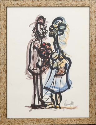 une image représentant un tableau où l'on voit un homme et une femme tenant des fleurs