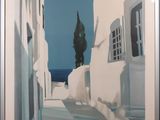 painting of a narrow street with white buildings and a blue sky