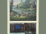 two pictures of a painting of people and animals in a park