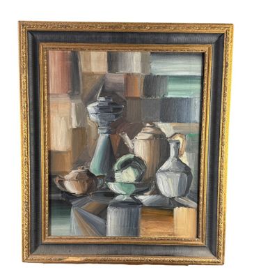 une peinture à l'huile représentant un vase et d'autres objets posés sur une table