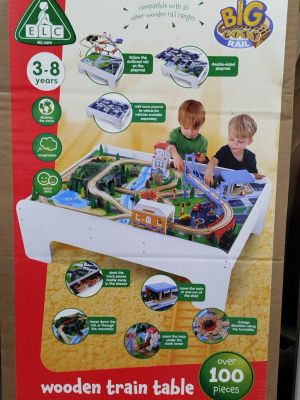 deux enfants jouant avec un circuit de train en bois dans le magasin
