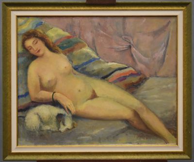 une peinture à l'huile représentant une femme nue allongée sur un lit avec un chien
