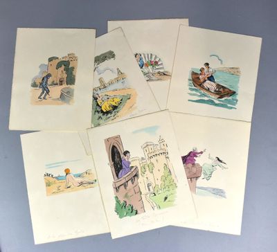 six cartes postales représentant des dessins d'enfants : un château, un bateau et un homme dans un bateau