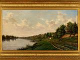 une peinture à l'huile représentant une scène de rivière avec un bateau au premier plan