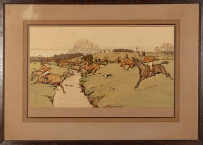 tableau représentant un groupe d'hommes à cheval et des chiens dans un champ
