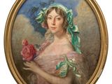 an oval painting of a woman holding a rose in her hand