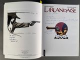 an open book with a drawing of a man holding a gun