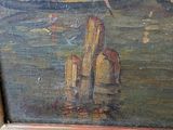 painting of a boat in a body of water with people on it