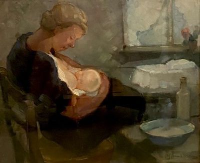 un tableau représentant une femme assise sur une chaise, tenant un bébé dans ses bras