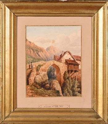 une image représentant un tableau représentant un paysage de montagne avec une maison en arrière-plan