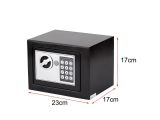 a black and silver electronic safe box with a key lock