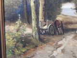 a painting of a horse drawn carriage on a dirt road