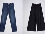 two pairs of jeans on a white background and a pair of jeans on a white background