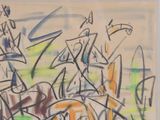 abstract painting of a group of people riding horses in a field
