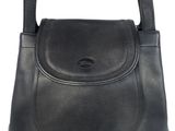 a black leather handbag with a gold handle