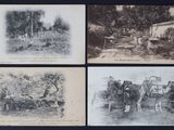 quatre vieilles photographies en noir et blanc représentant des chevaux et des personnes dans un champ