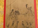 drawing of a group of people sitting around a table with a dog