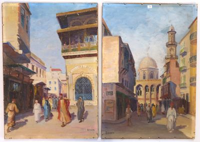 two paintings of people walking down a street in a city