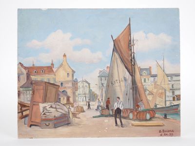 un tableau représentant un homme debout sur un quai, à côté d'un voilier