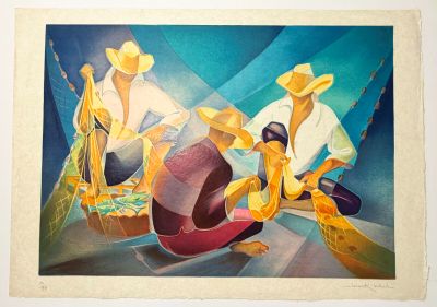 un tableau représentant un homme et une femme assis sur un bateau