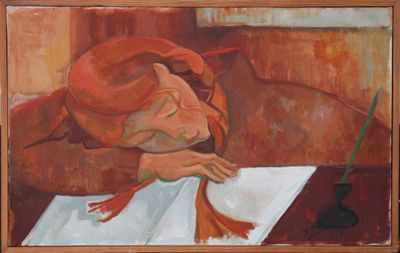 un tableau représentant une femme en train d'écrire sur une feuille de papier