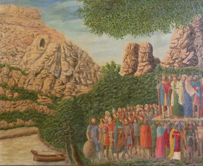 a painting of a group of people standing in front of a mountain