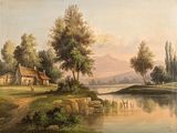 tableau représentant une scène fluviale avec une maison et un bateau sur l'eau