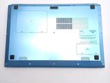 the back panel of a laptop computer with a blue cover