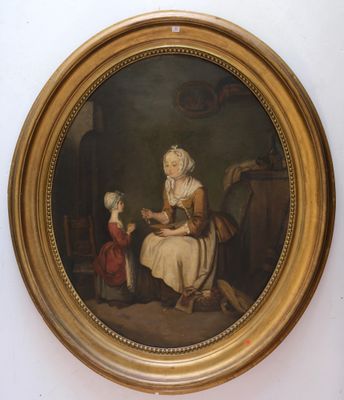 un vieux tableau représentant une femme assise sur une chaise à côté d'un enfant