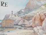 une aquarelle représentant un phare sur une plage rocheuse