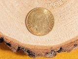 a gold coin sitting on top of a piece of wood