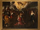 an image of a painting of a group of people standing around a man holding a sword