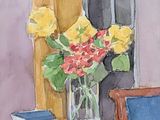 une aquarelle représentant un vase de fleurs posé sur une table